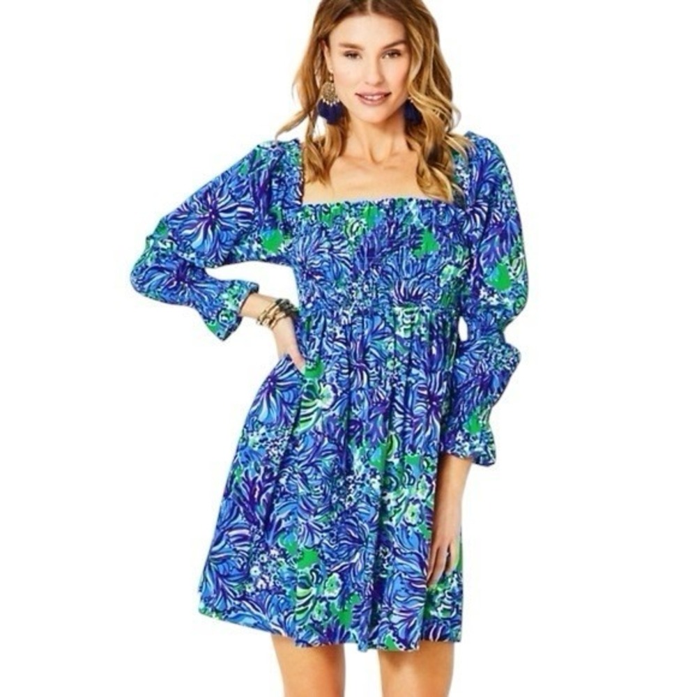 Lilly Pulitzer Womens XS Beyonca Babydoll Dress Abaco Blue Smocked Top Pockets